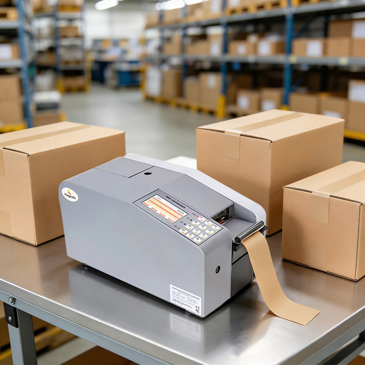 Funktionsübersicht des elektrischen, wasseraktivierten Klebebandabrollers KN-366H in der industriellen Verpackung