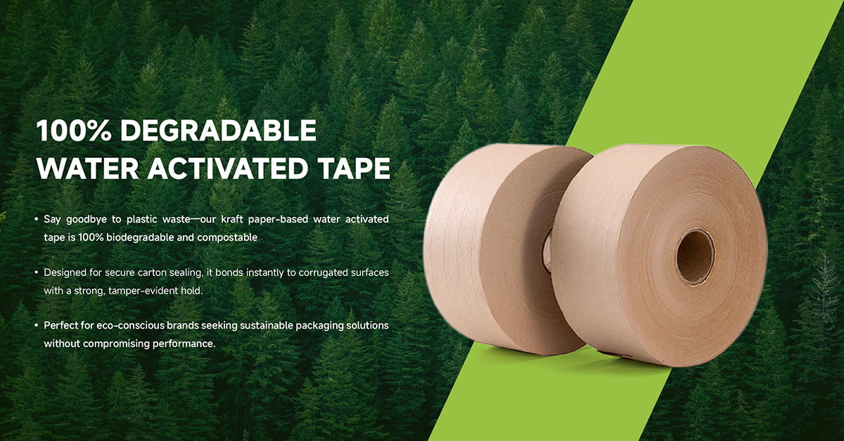 100 % biologisch abbaubares, umweltfreundliches, wasseraktiviertes Klebeband